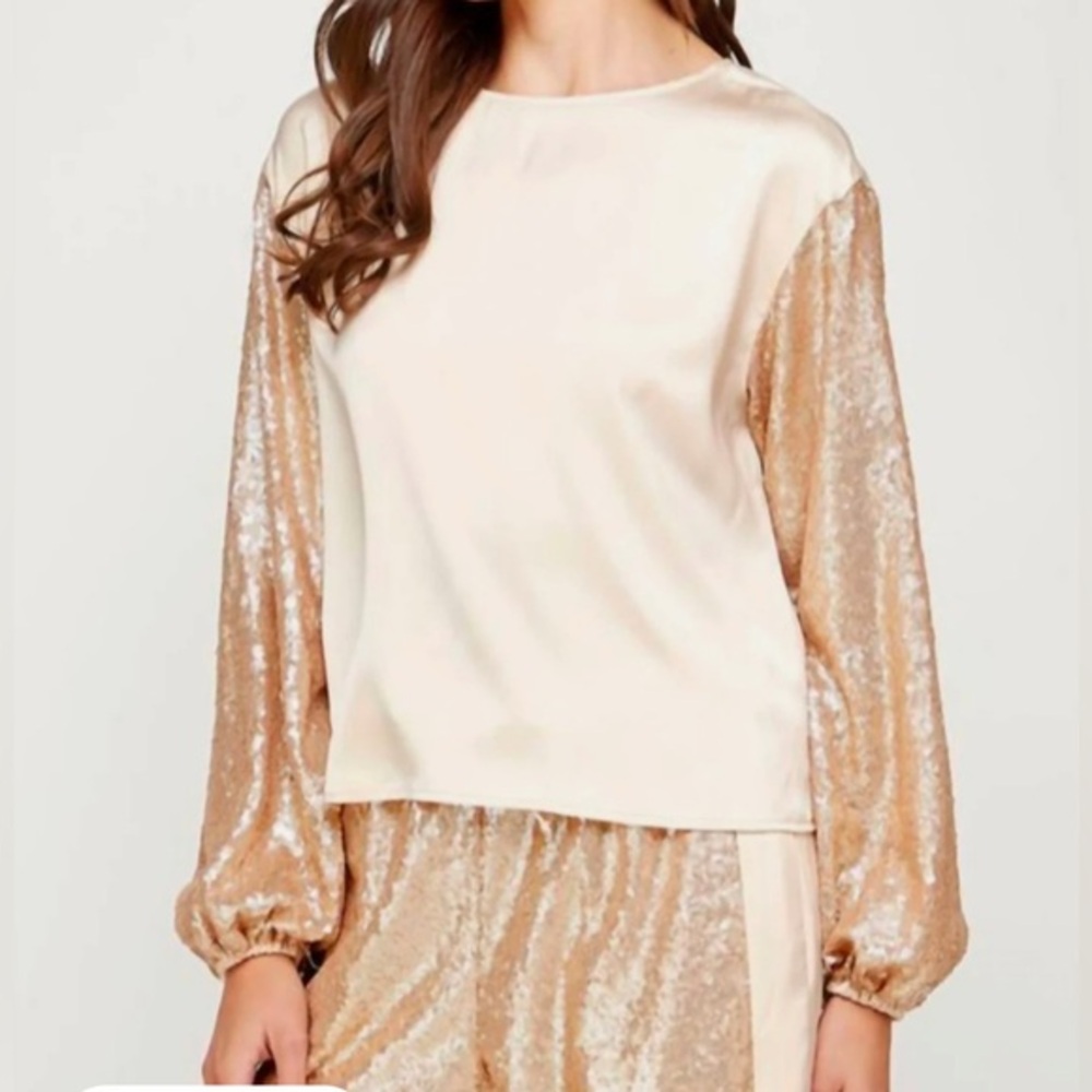 Satin Blouse With Sequins Contrast Sleeve In Champagne